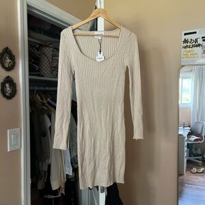 Beige Ribbed Split Bell Sleeve Dress NWT Size L